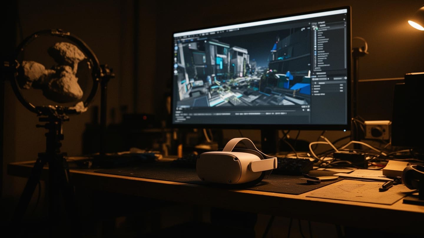The Boundless studio at night — workshop bench with a VR headset and a CGI environment mid-build on the monitor behind.