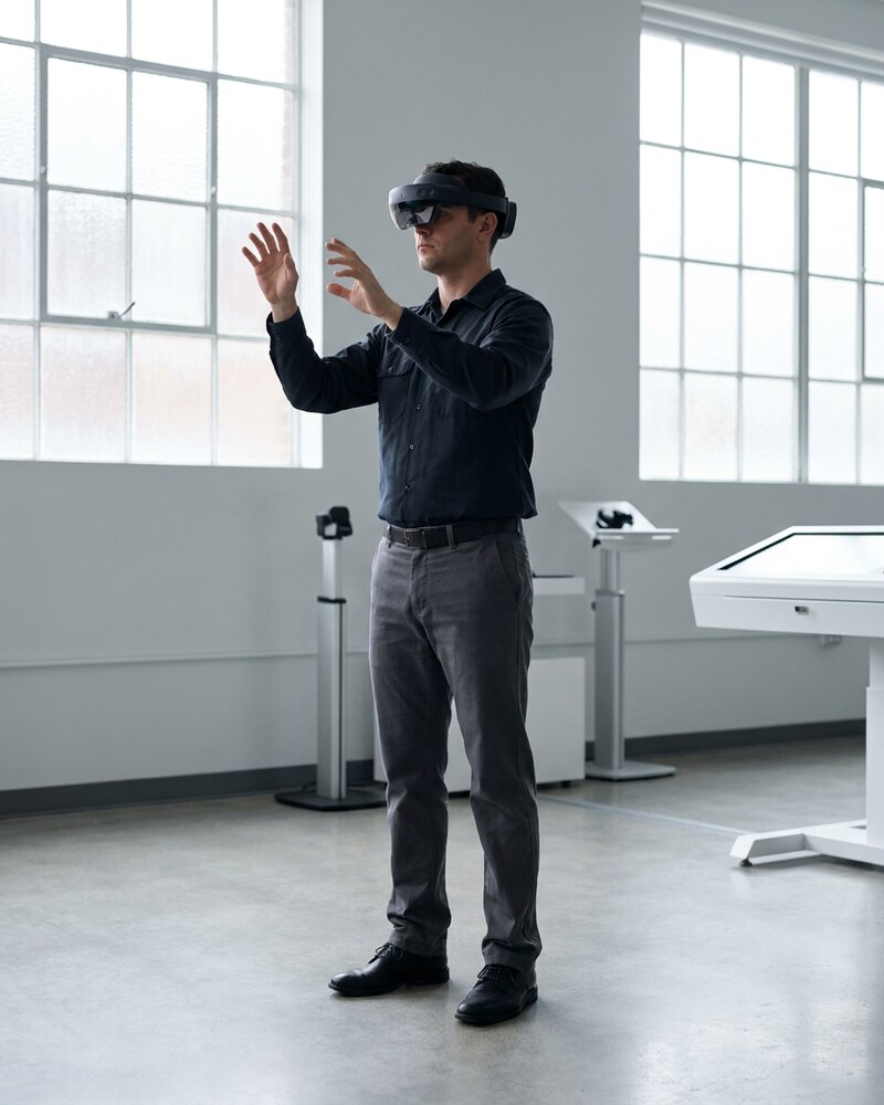 Technician at a VR headset in a low-light workshop, warm rim light.