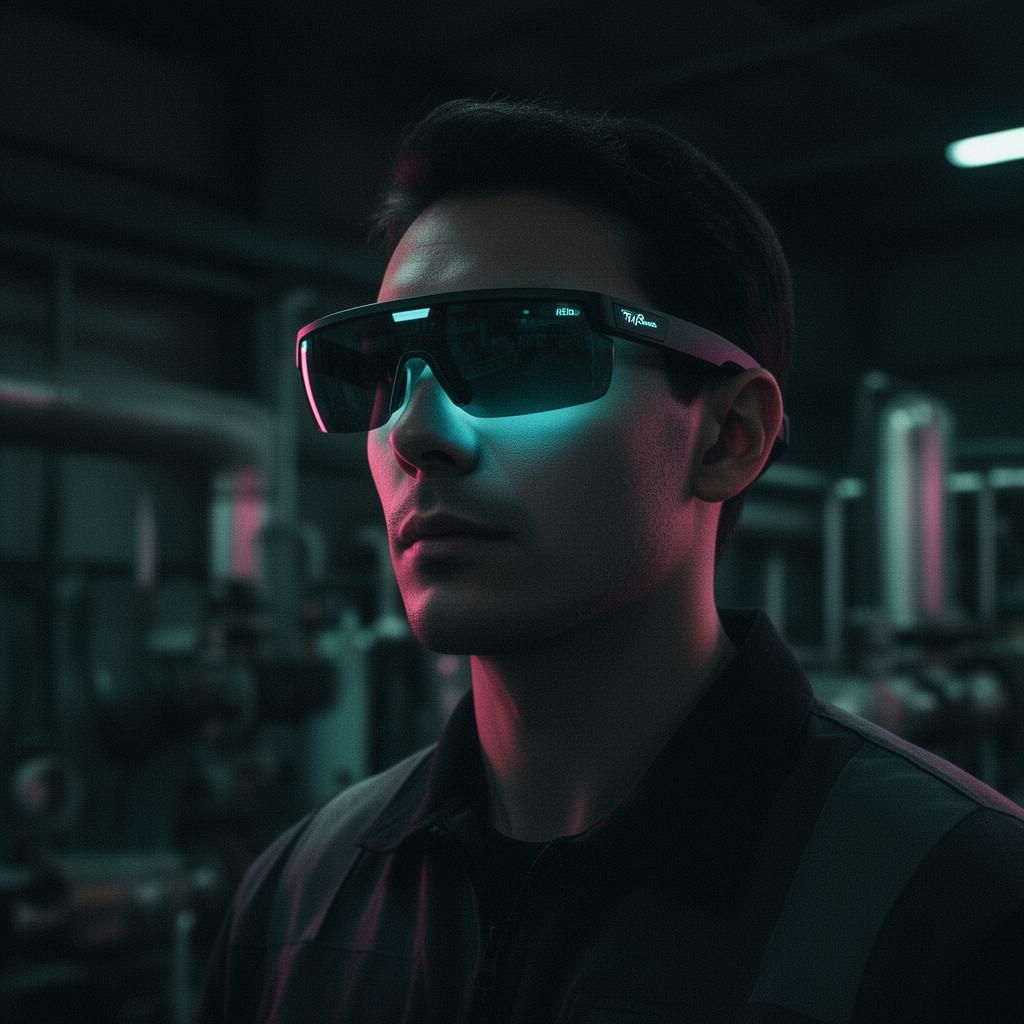 A technician on site wearing AR display glasses, lit by a faint screen glow.
