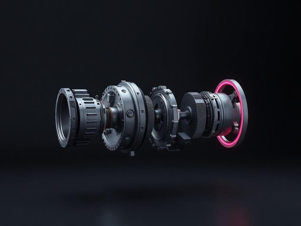 An exploded photoreal 3D rendering of an industrial machine component.
