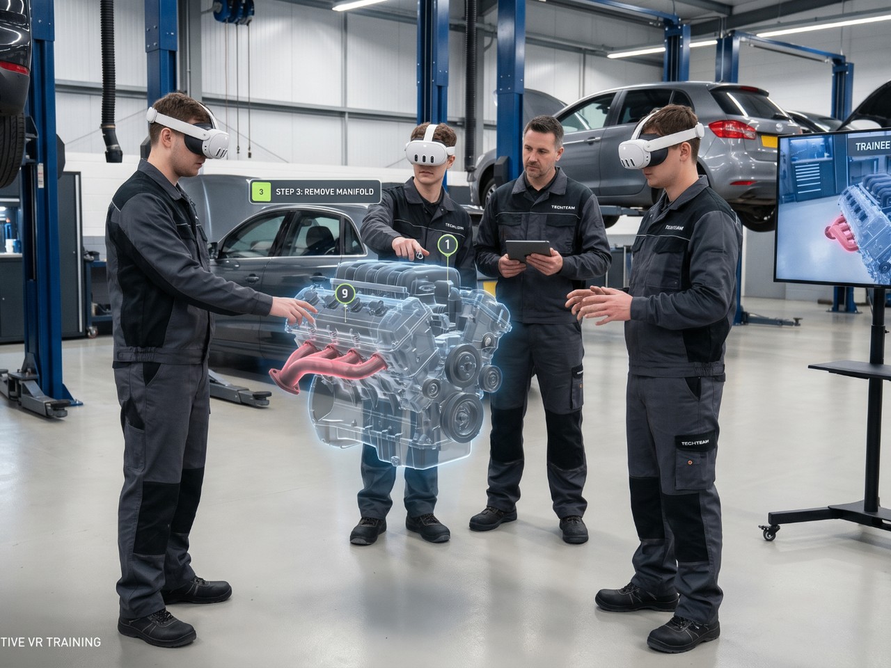 Technician in a Quest headset working through a repair simulation in a workshop.