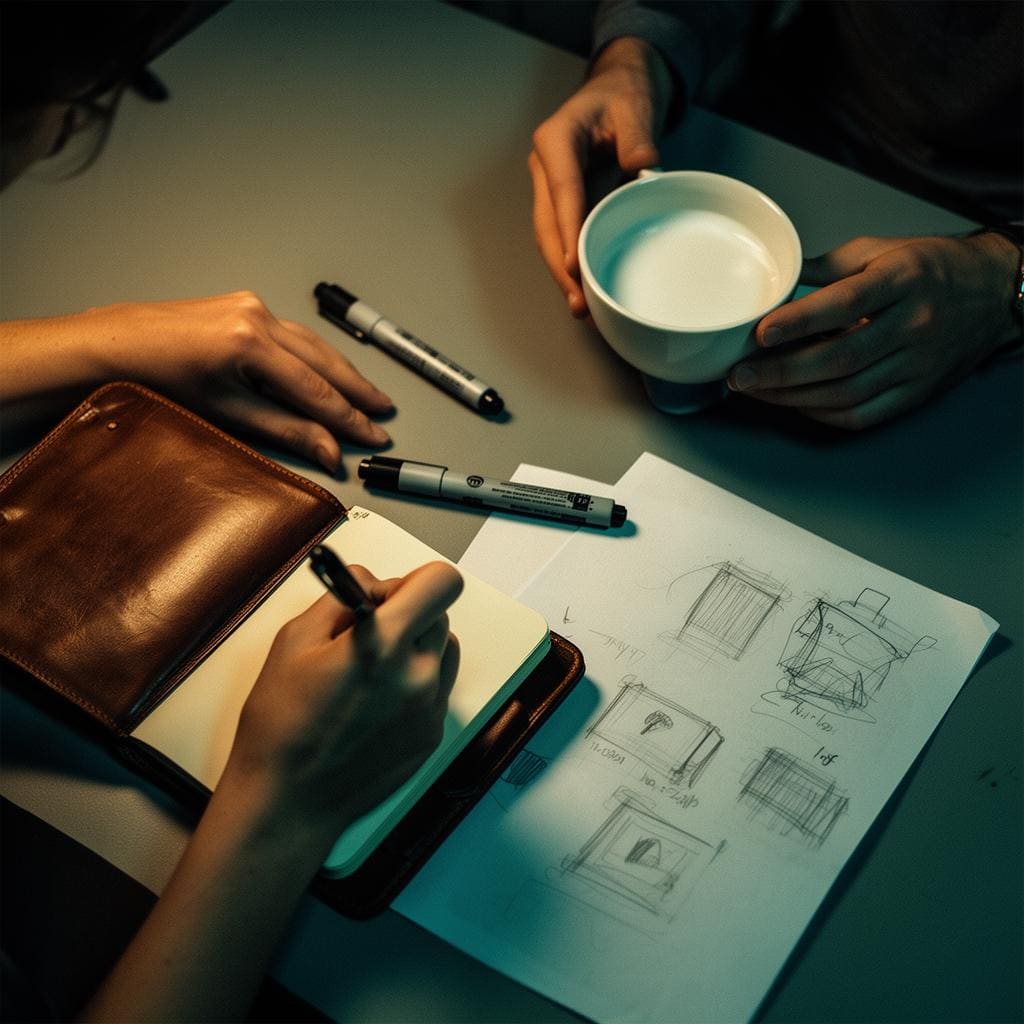 Overhead detail — hands writing in a notebook beside a coffee cup, sketches on the page.